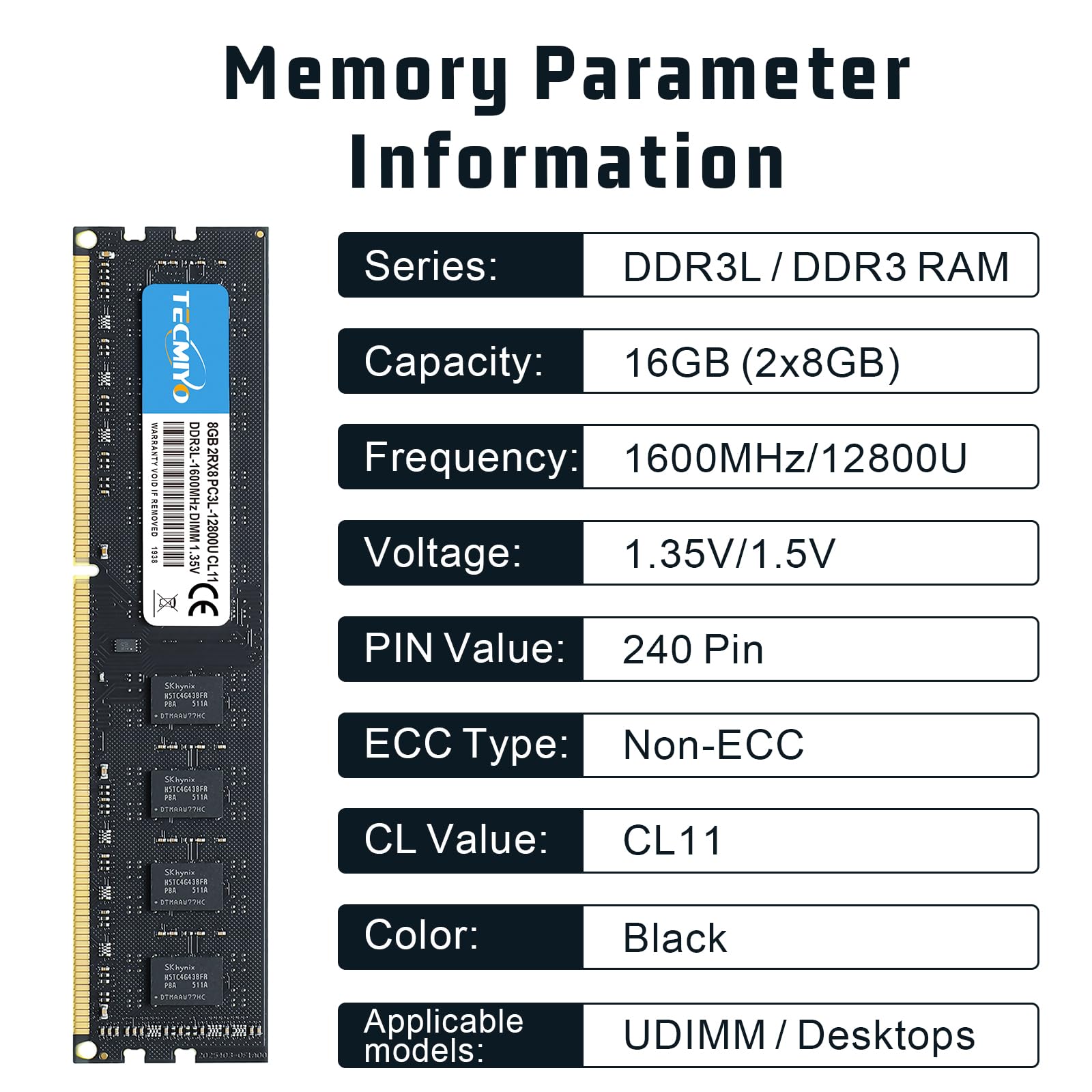 TECMIYO 16GB DDR3 1600 MHz (2x8GB) RAM-geheugenkit – Stabiel, Snel